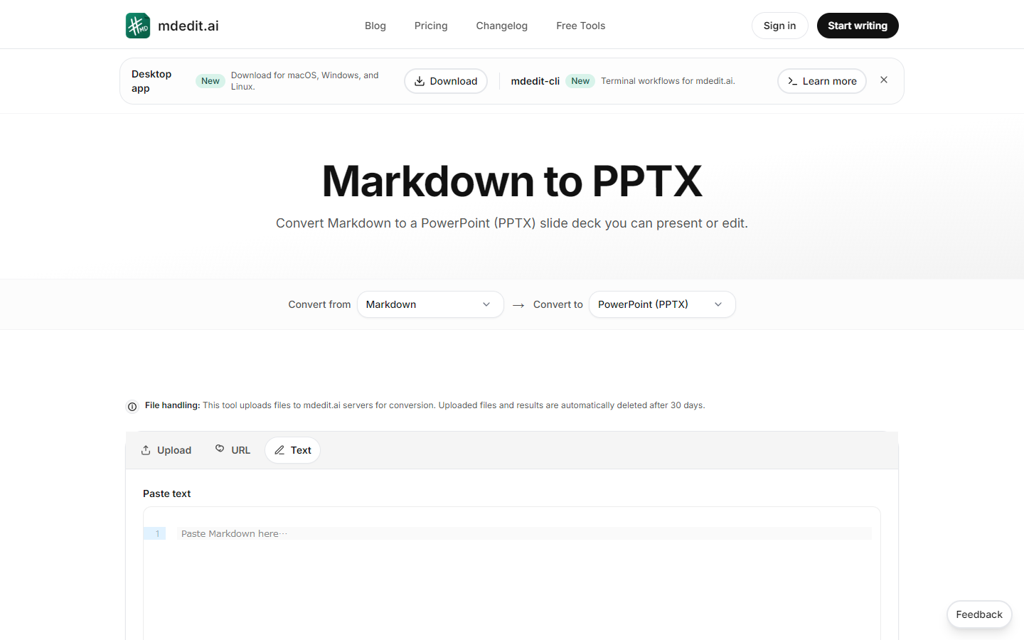 mdedit.aiのMarkdown to PPTX入力画面
