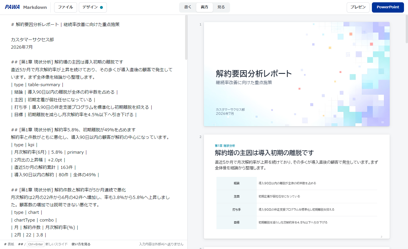 PAWAの実画面。左にMarkdown原稿、右に日本語の業務スライドを表示