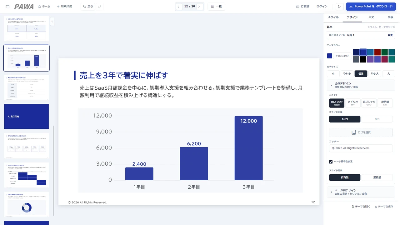 PAWAの編集画面：グラフ付きスライドとデザイン調整パネル（デモ動画のサムネイル）